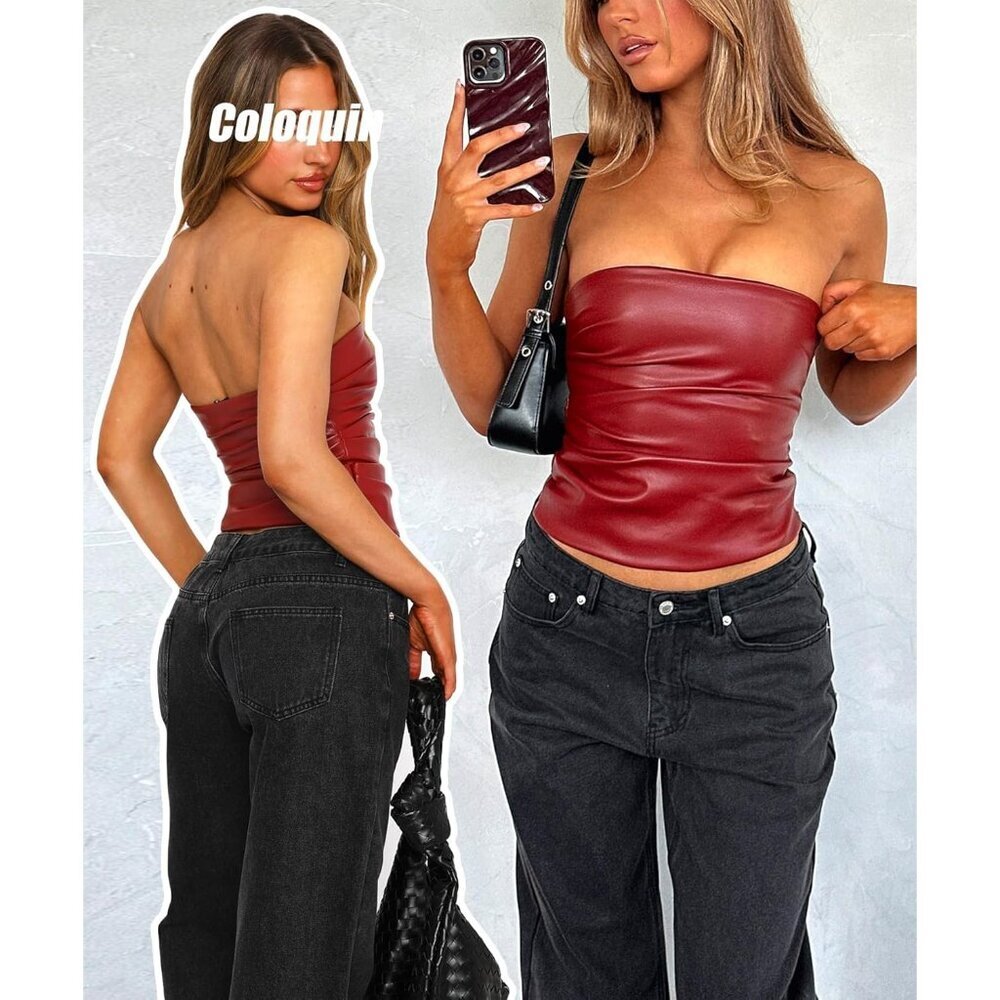 Women Faux Leather Sexy Ruched Strapless Tube Top for Night Out Party - Picture 3 of 6